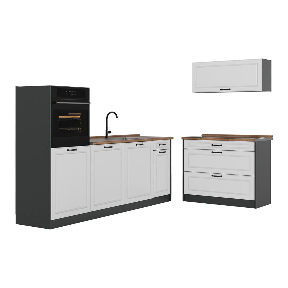 KÜCHENZEILE R-Line, Weiß Landhaus/Anthrazit, 220 cm ohne Arbeitsplatte - Anthrazit/Weiß, Holzwerkstoff (220/143/46cm) - Vicco