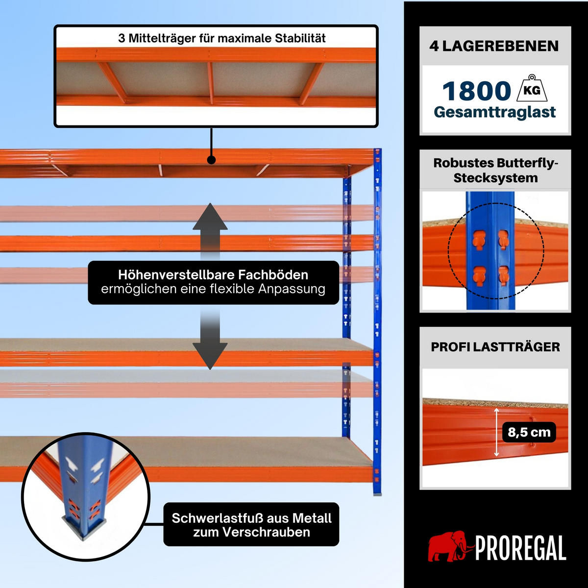 SCHWERLASTREGAL Rhino 180x240x60cm, 4 Spanplatten-Ebenen 8mm, Fachlast 450kg, Blau/Orange - Orange, Metall (240/180/60cm) - PROREGAL