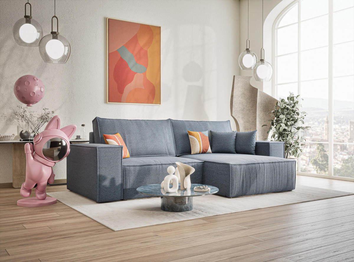 ECKSOFA MIT SCHLAFFUNKTION Zaya Blau Grau Webstoff - Blaugrau/Schwarz, Holz/Holzwerkstoff (255/148cm) - Maison de Reve