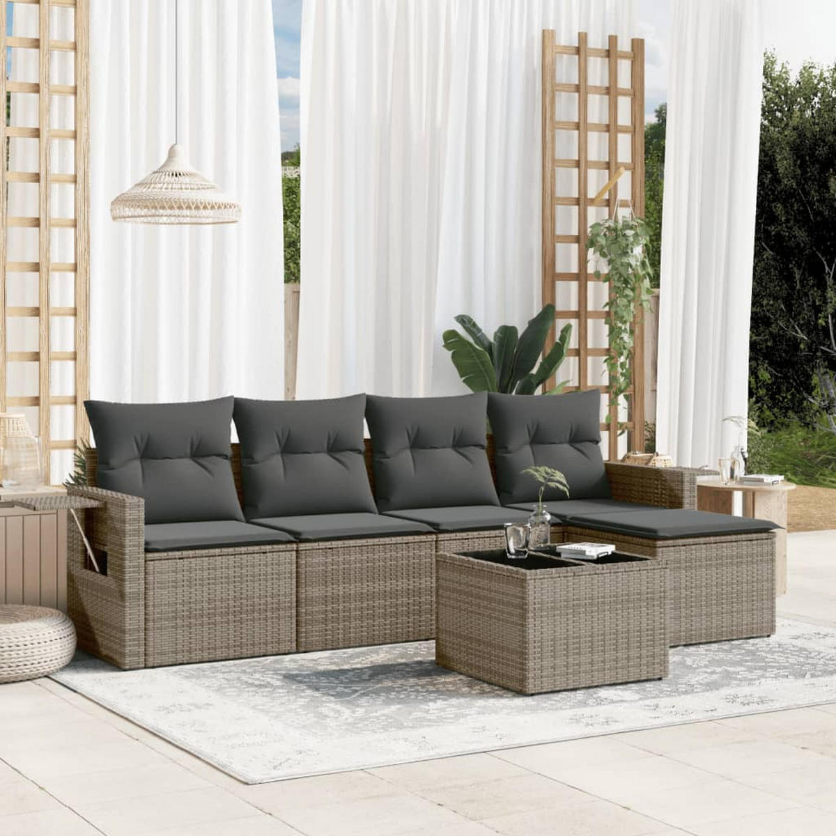 GARTEN-SOFAGARNITUR 6-TLG. Mit Kissen Grau Poly Rattan - Grau, Kunststoff - vidaXL