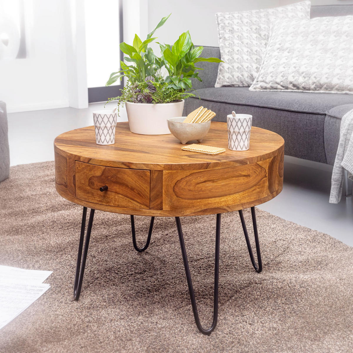 RUNDER Couchtisch MINO Sofatisch - Sheeshamfarben, Holz (60/60/44.5cm) - tinkaro