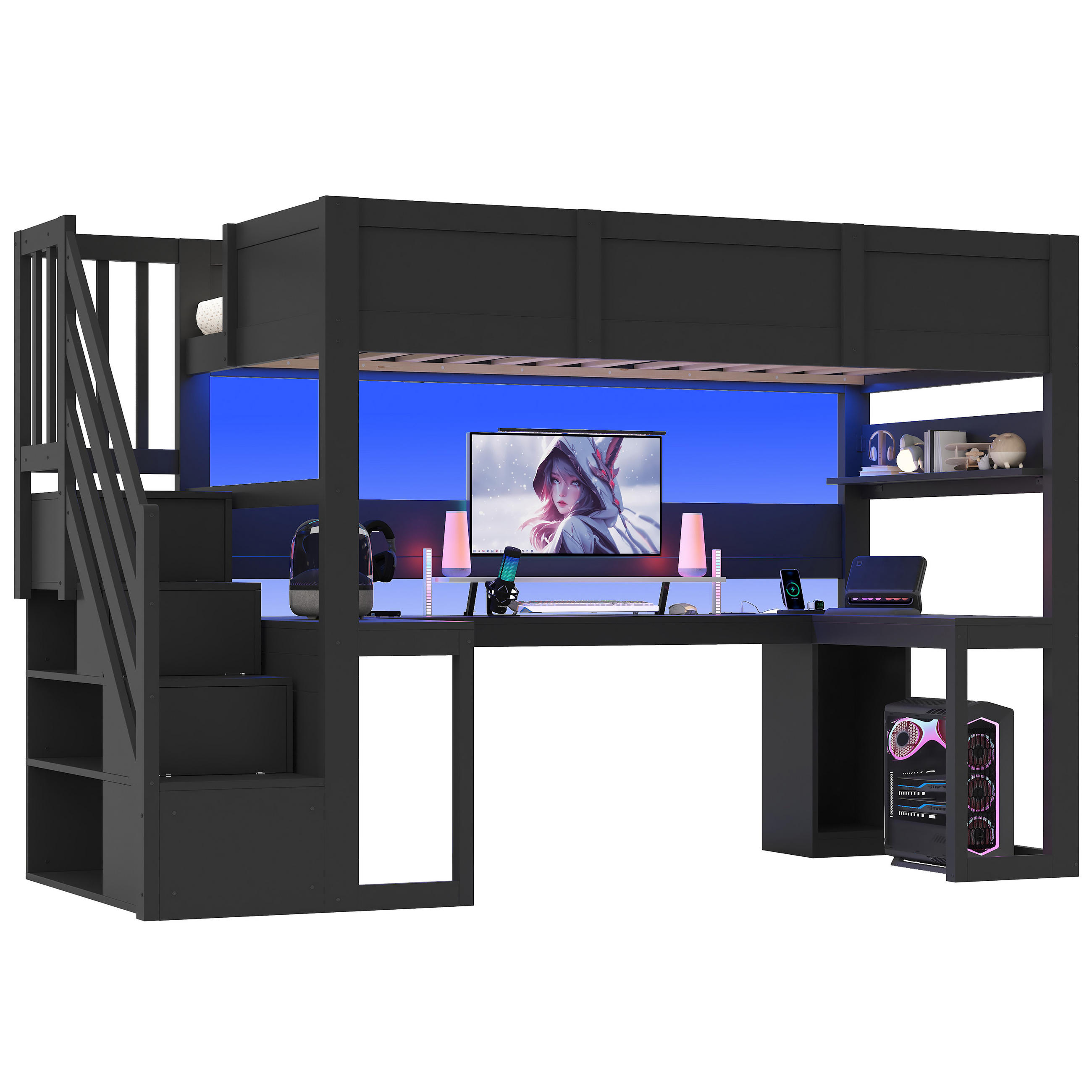 HOCHBETT 90 x 200 cm mit Schreibtisch LED-Beleuchtung und USB-Anschluss, Schwarz - Schwarz, Holz (90/200cm) - KOMHTOM