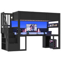 HOCHBETT 90 x 200 cm mit Schreibtisch LED-Beleuchtung und USB-Anschluss, Schwarz - Schwarz, Holz (90/200cm) - KOMHTOM