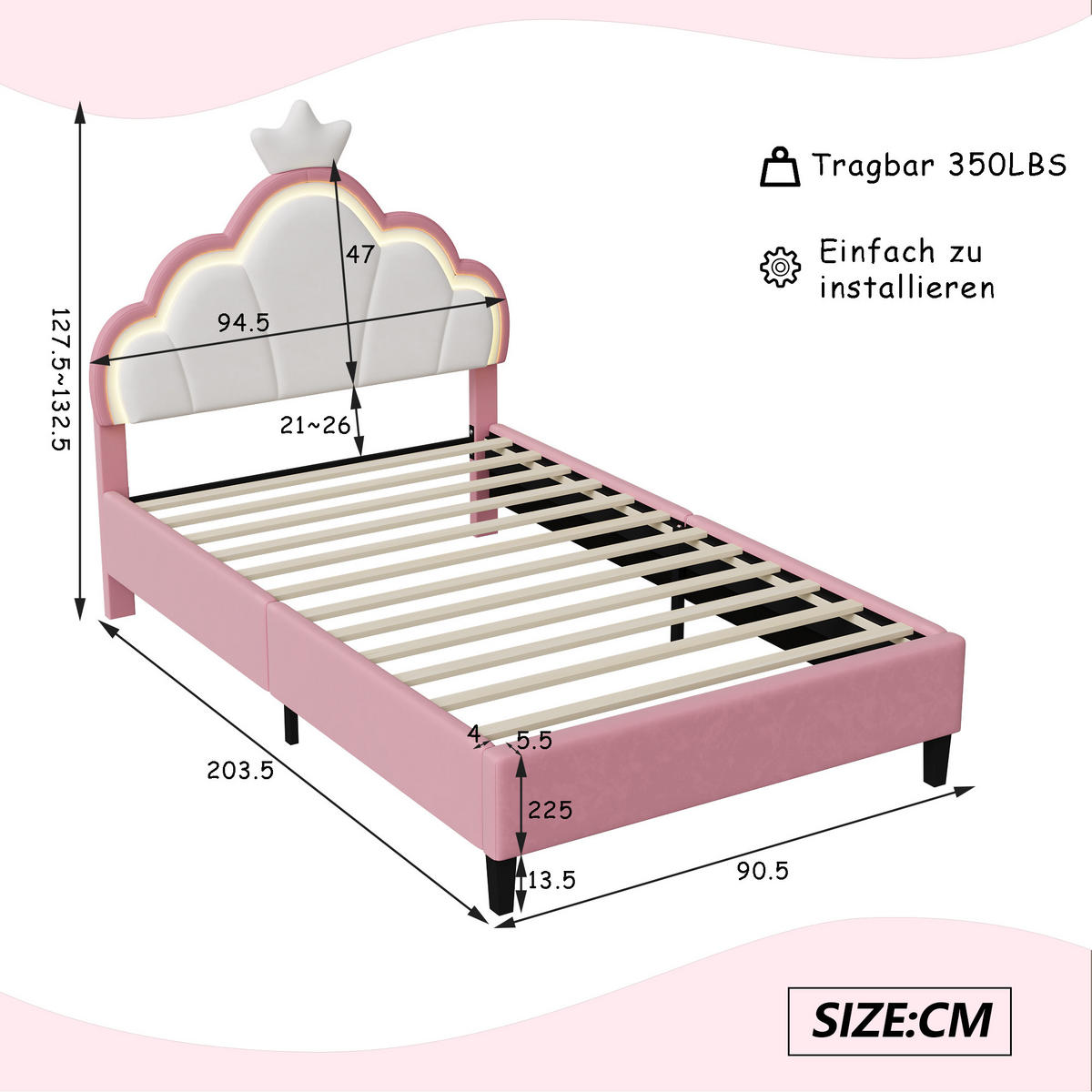 POLSTERBETT 90x200 cm, Kinderbett, Krone-Design mit farbwechselnden LED, weicher Flauschstoff in Rosa - Rosa, Holz (90/200cm) - BRILVERDE