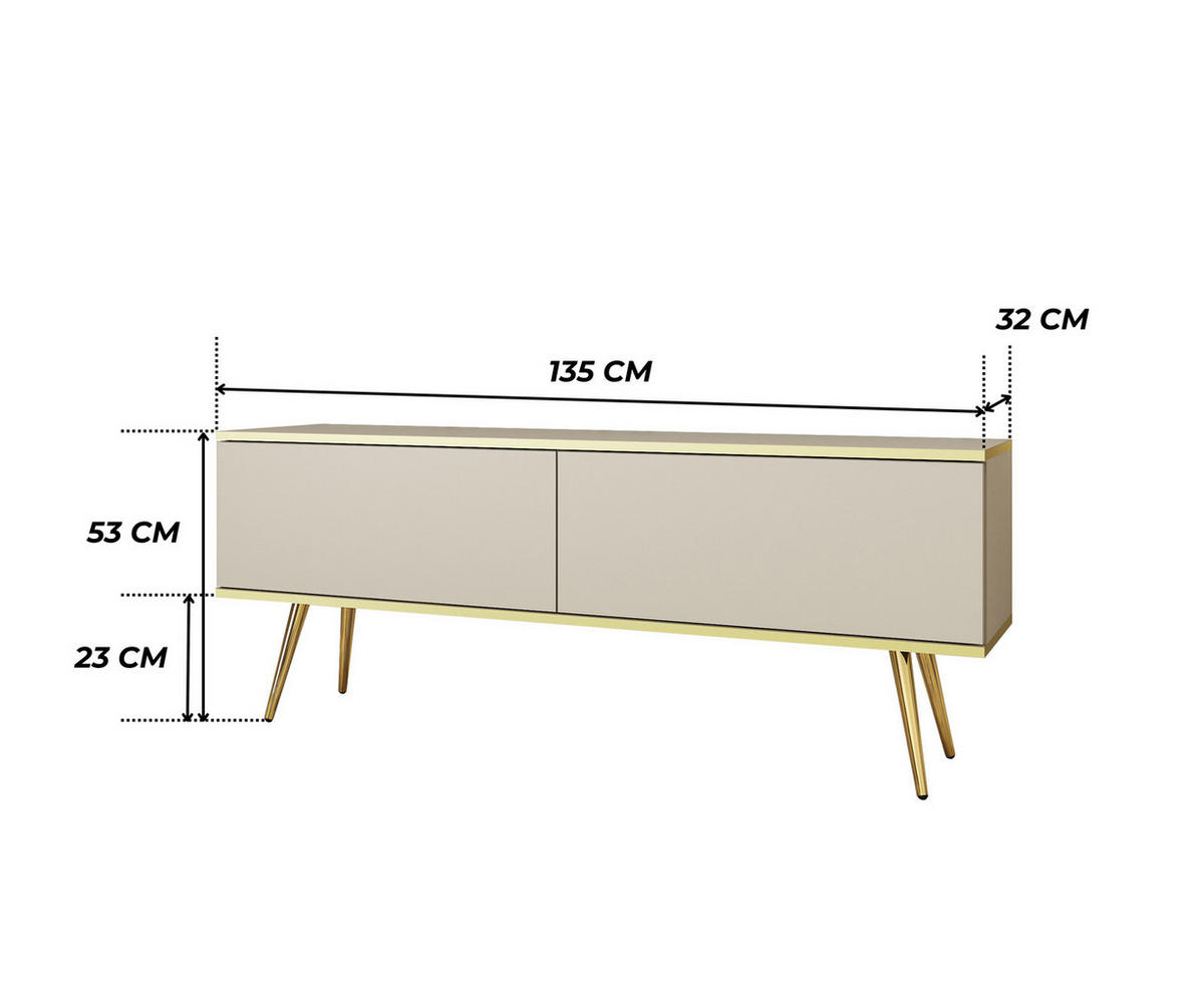 TV-LOWBOARD FORNO (Beige, Goldene Details, 2 Türen, goldene Metallfüße, 135 cm) - Gelb/Beige, Holz/Holzwerkstoff (135/53/32cm) - Ravio