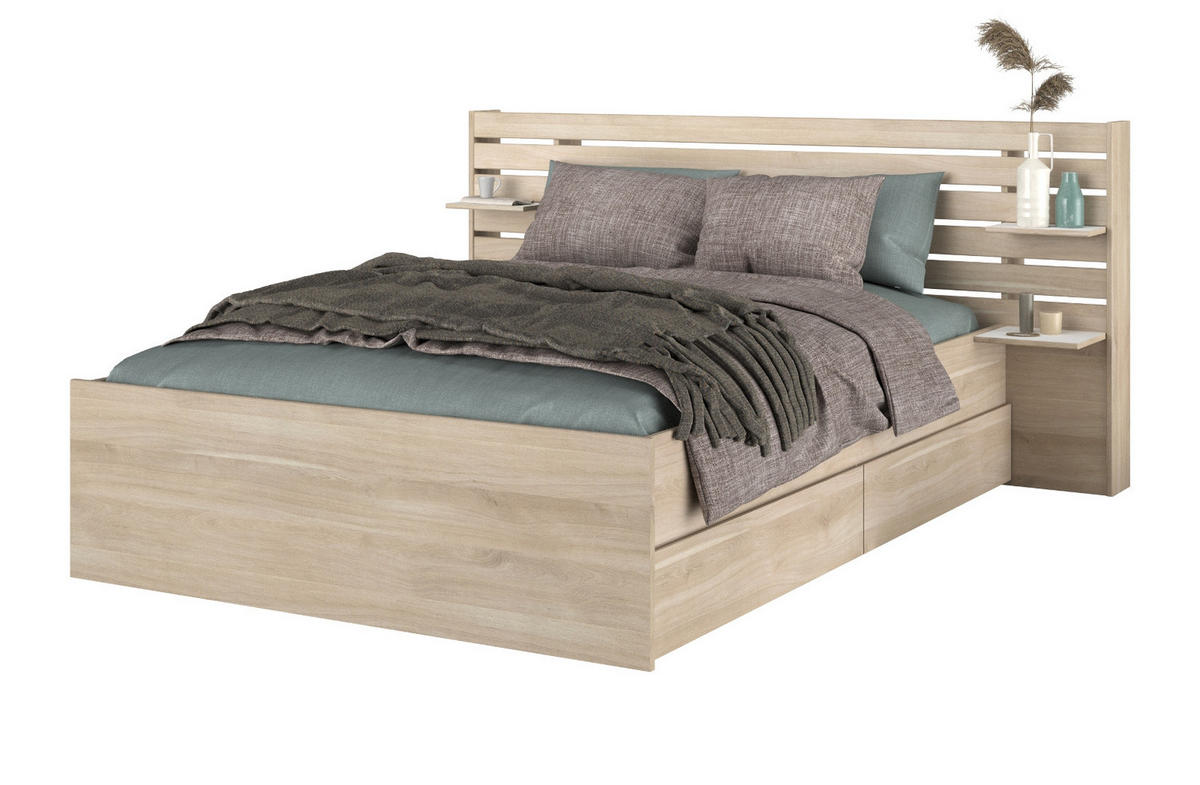 STAURAUMBETT Bett 160 x 200 cm 2x Bettschubkasten und Ablagen - Eichefarben, Holz/Holzwerkstoff (200/160cm) - Parisot Meuble