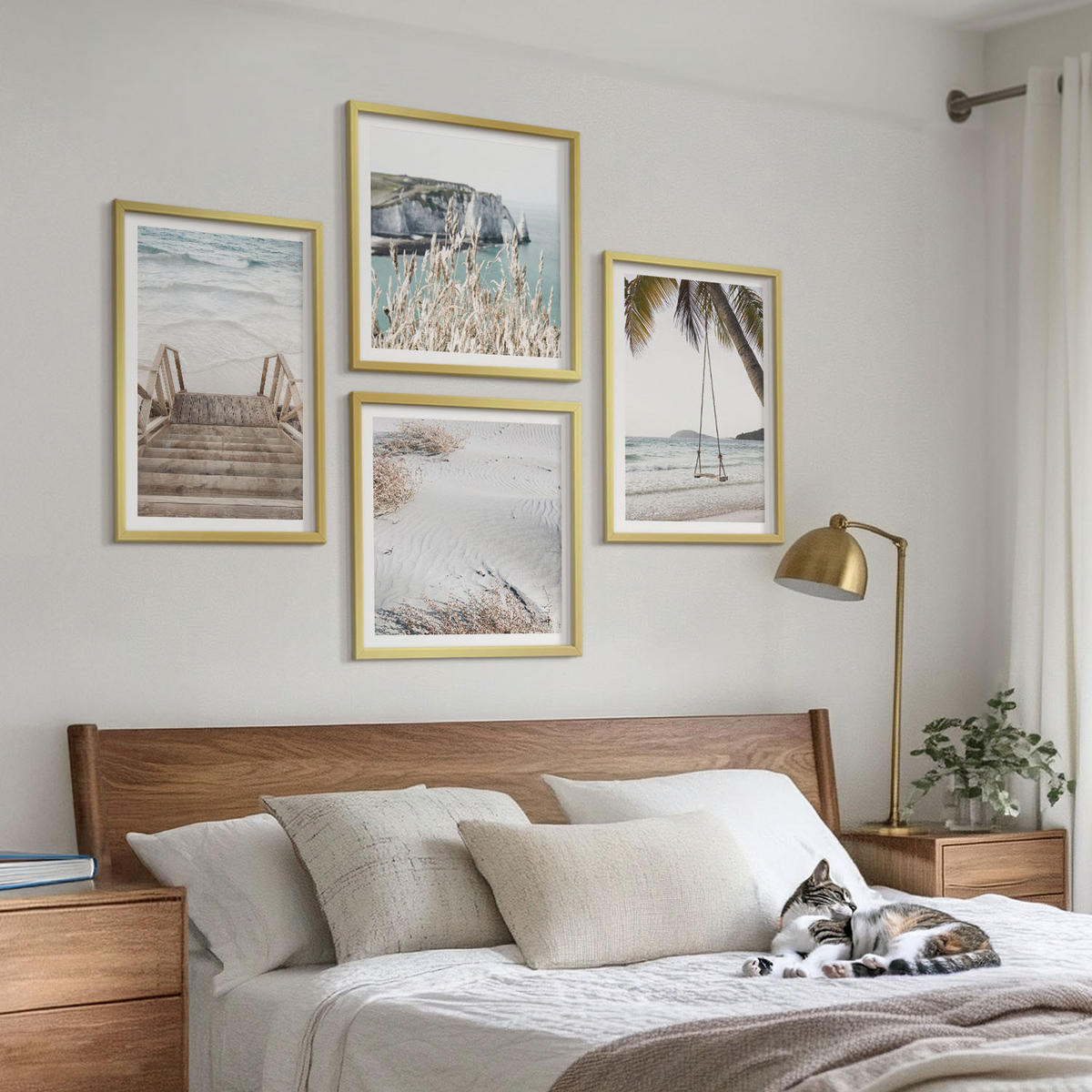 WANDBILDER 4er Set - 50x50 cm & 40x60 cm Goldrahmen - Strandtreppe Schaukel Meer - Goldfarben, Kunststoff (50/50cm) - ArtPrintCave