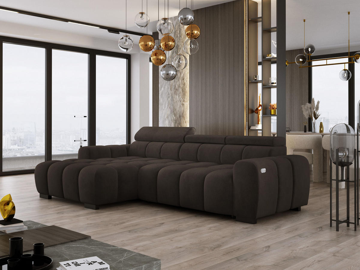 ECKSOFA OMBO 285x168x77/97 cm, Links, Schlaffunktion, elektr. Sitz, Kopfstützen, Buche dunkel, hydrophober SALVADOR-Stoff – Olivgrün - Anthrazit, Holz/Textil (168/285cm) - DomoHome