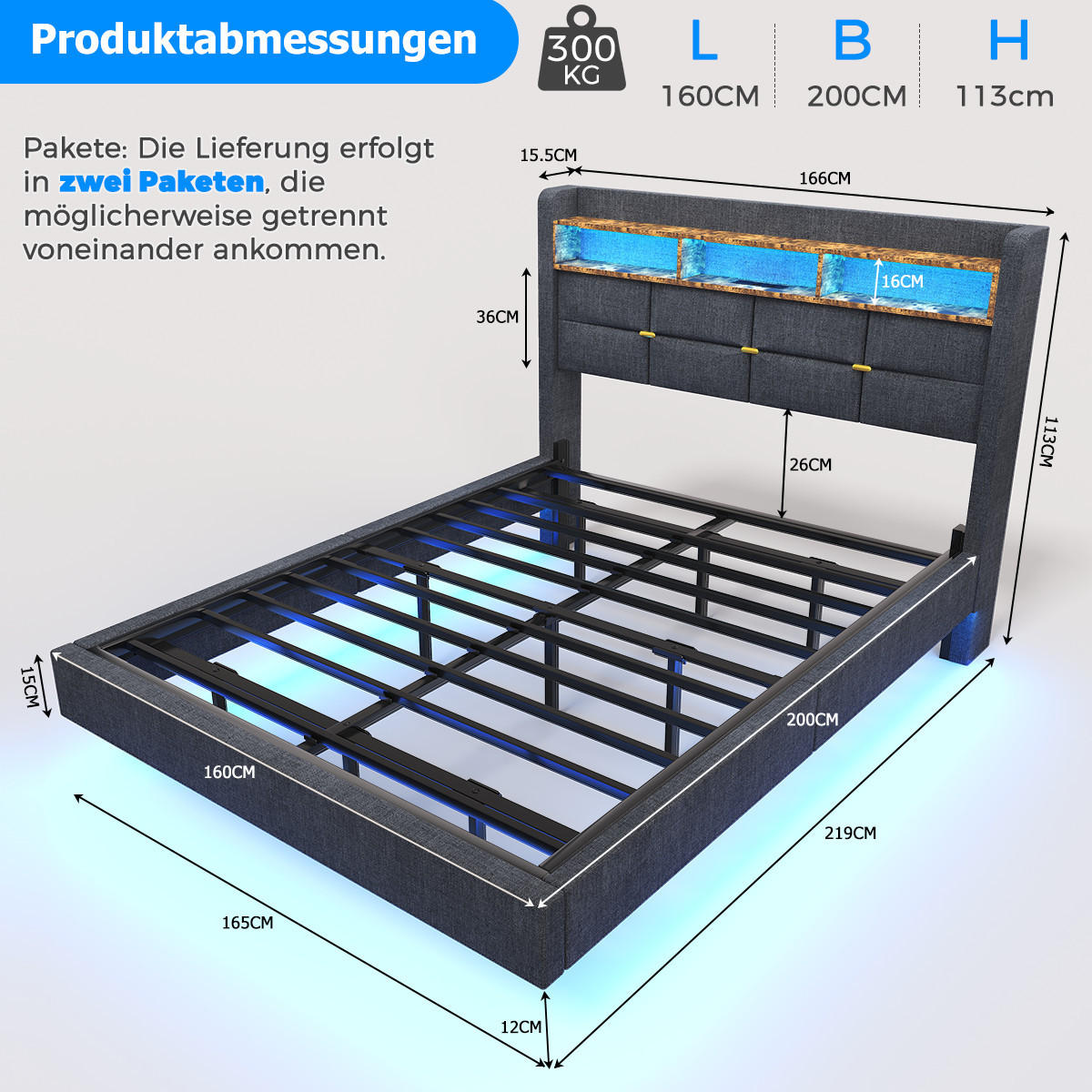 BETT 160x200 cm mit Boxspring, mit LED und USB, Schwebebett für 2 Personen, gepolstertes Kopfteil mit Stauraum, Grau - Grau, Metall