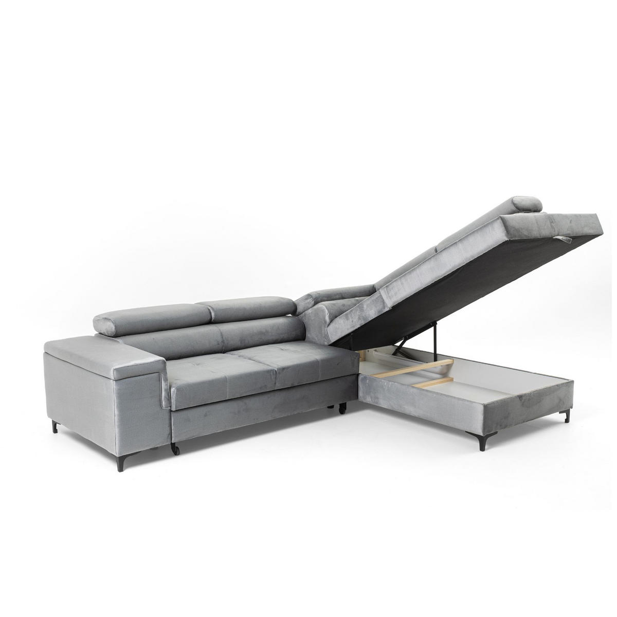 ECKSOFA WILLIAM L Rechts mit Schlaffunktion 127x195 Velours Hellgrau - Silberfarben/Hellgrau, Holz/Textil (203/275cm) - Muffo