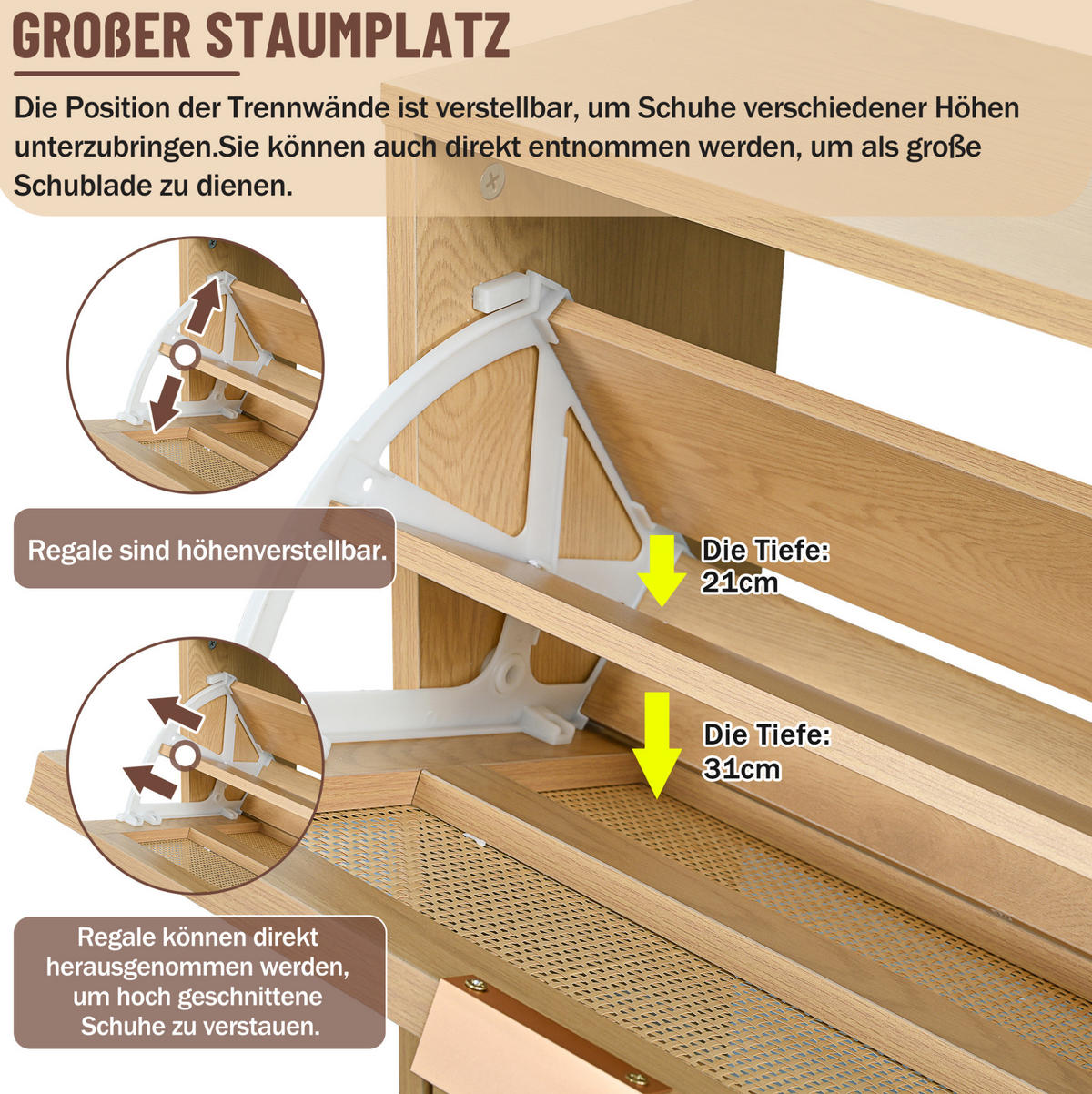 SCHUHSCHRANK 100/25/90 cm in Eichefarben mit Rattanfronten und 4 Klappen - Naturfarben, Holzwerkstoff (100/90/25cm) - Flora Grace