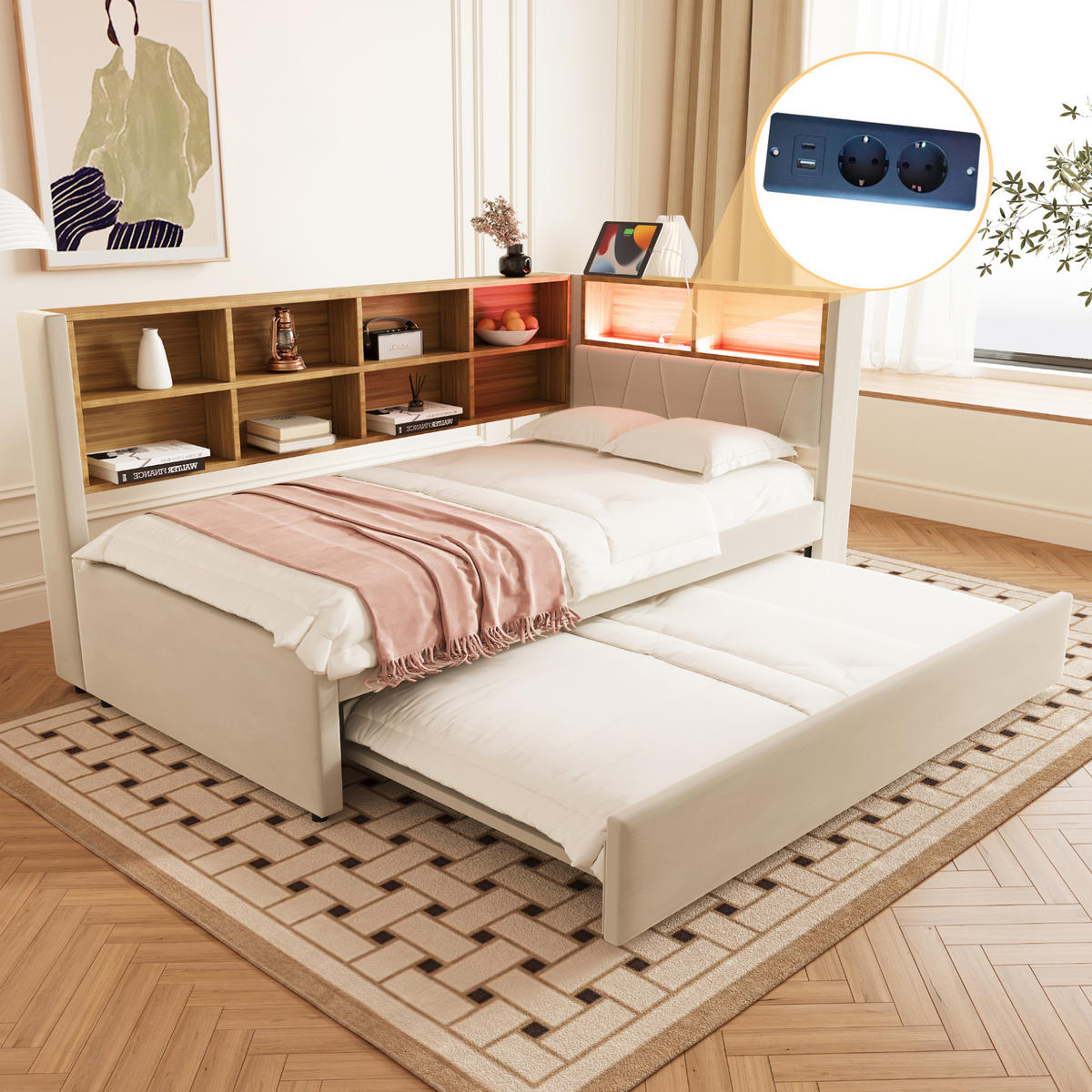 POLSTERBETT 90/90x200 cm LED USB beige - Beige, Textil (90/200cm) - Fortuna Lai