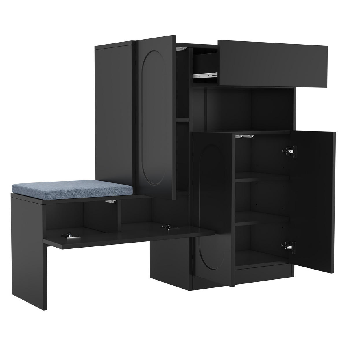 SCHUHSCHRANK aus Spanplatte 130x35x110cm in Schwarz mit Sitzbank - Schwarz, Holzwerkstoff (130/110/35cm) - Modfu