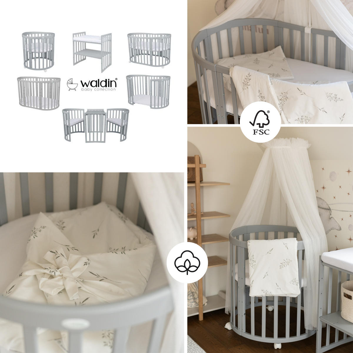 BABYBETT GREY OVAL 7in1 mit Matratze und Himmelset - Weiß/Grau, Holz/Textil