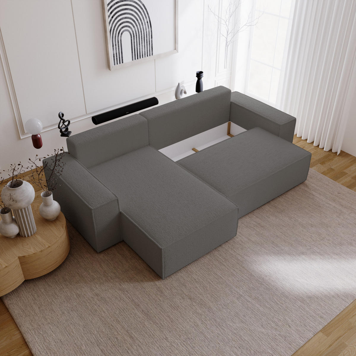 ECKSOFA Bouclé 280 cm Bergamo L mit Bettkasten, Schlaffunktion, Links - Dunkelgrau - Dunkelgrau, Holz (277/189cm) - Emporius