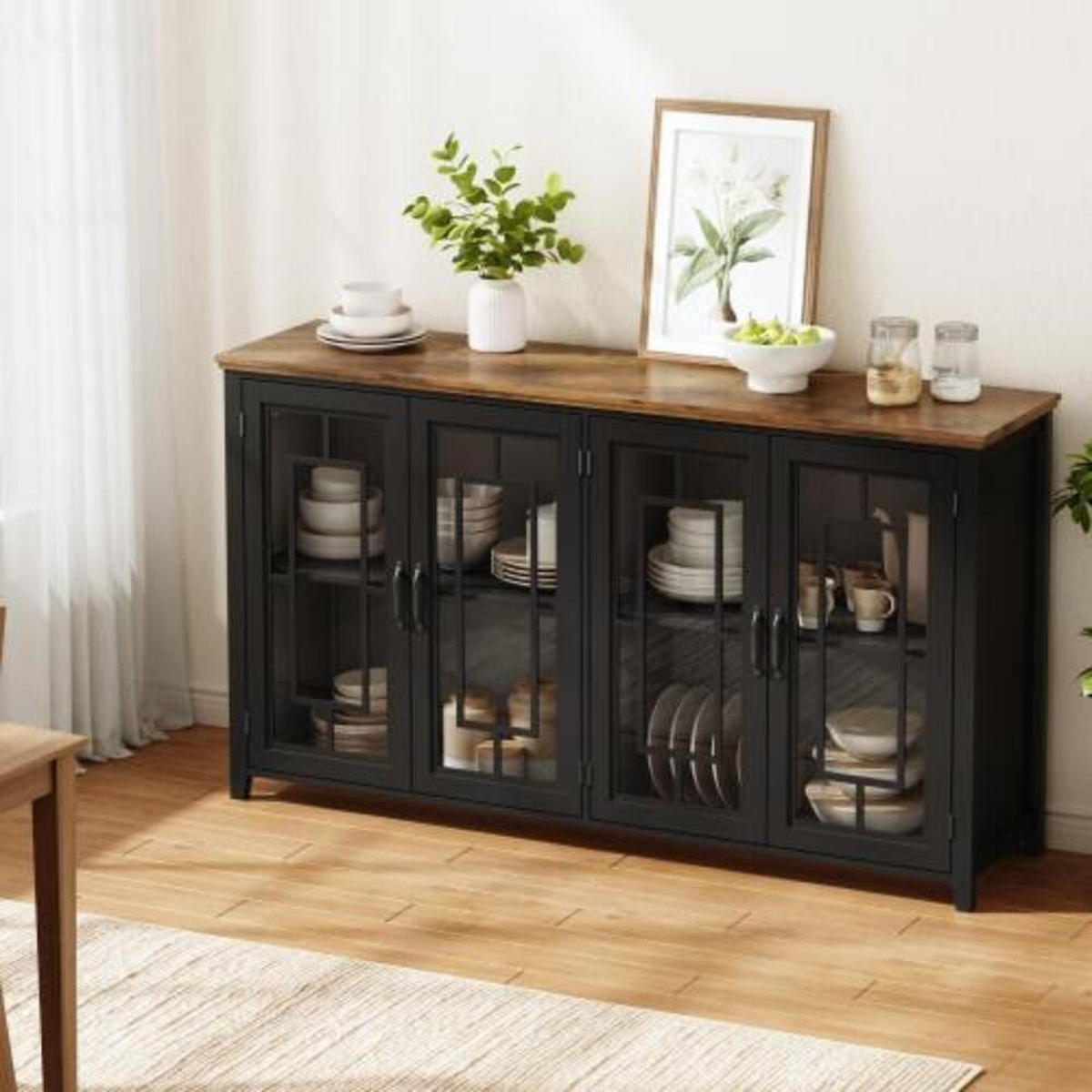 SIDEBOARD Schwarz aus MDF mit Retro-Holzmaserung-Platte 160 × 40 × 86 cm - Schwarz, Holzwerkstoff (160/86/40cm) - Luhomfu