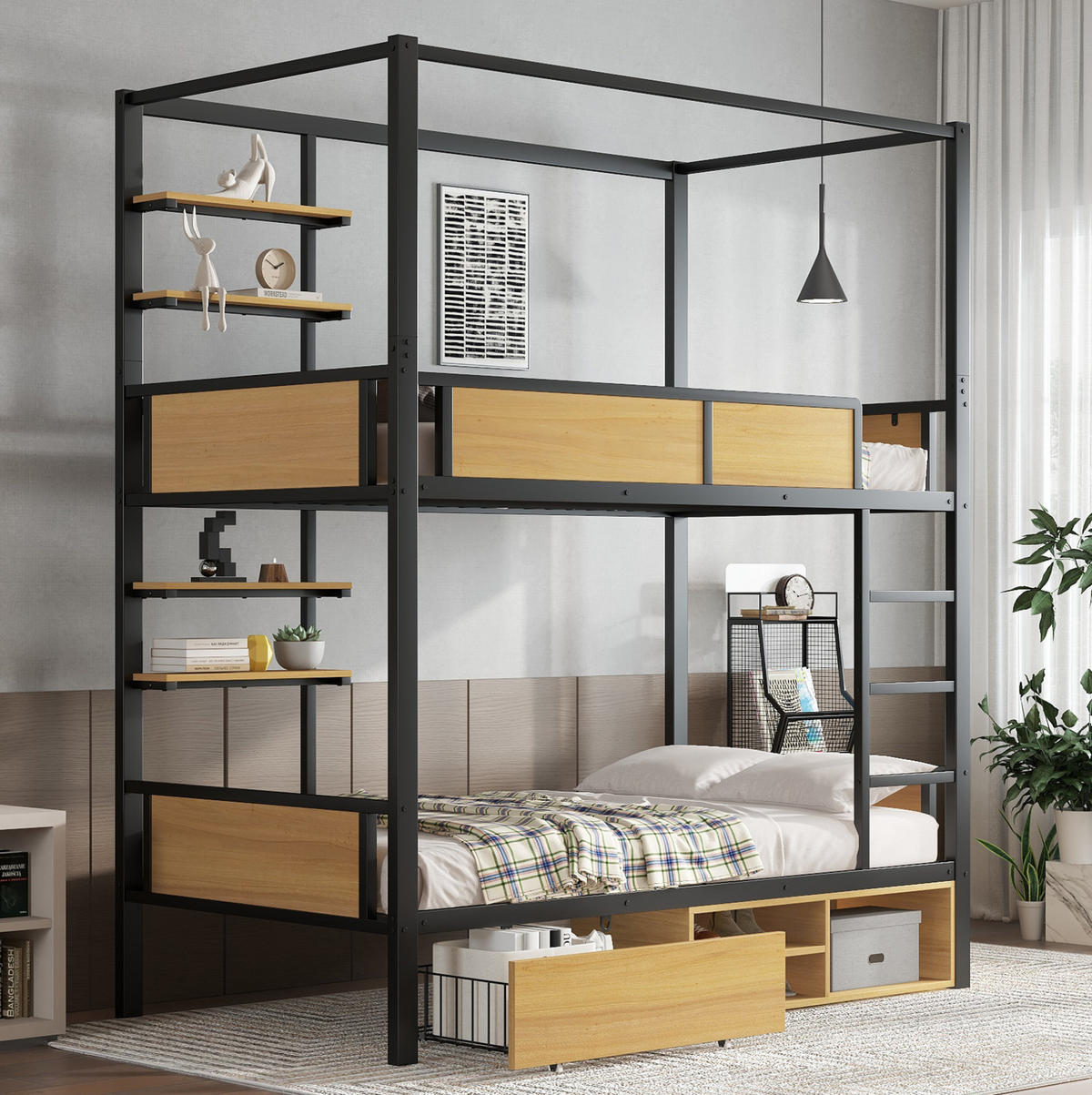 ETAGENBETT 90/200 cm aus Metall und MDF mit Stauraum & Ablagen - Schwarz, Holzwerkstoff (90/200cm) - Flora Grace