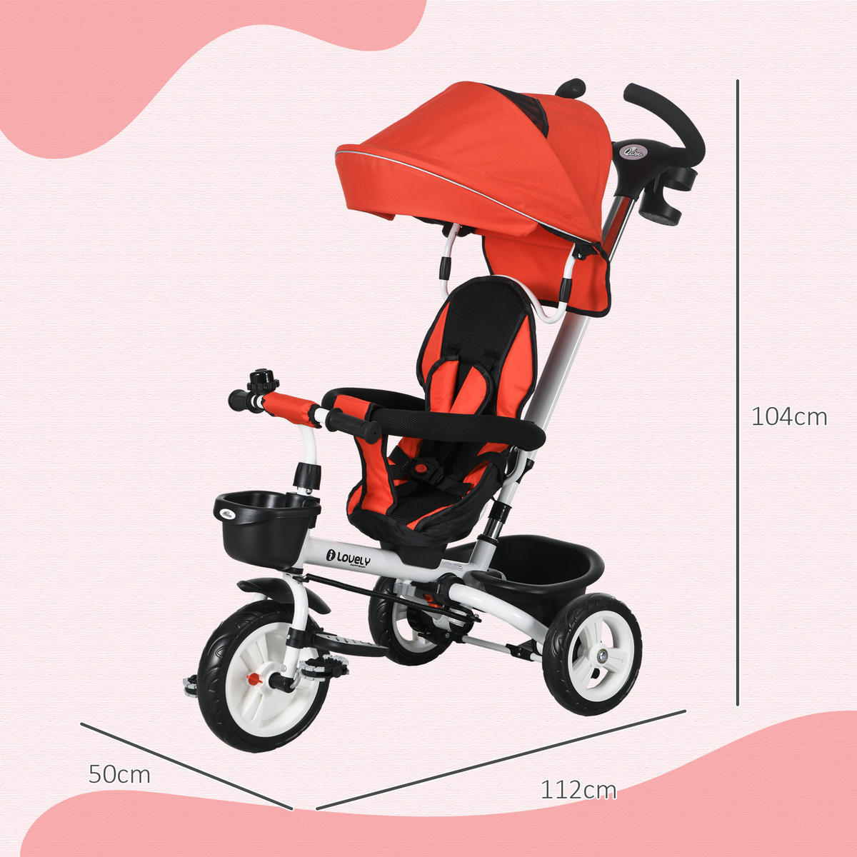 6 in 1 Dreirad mit Schubstange, Kinderdreirad mit Sicherheitsgurt, Sonnendach - Rot, Metall (112/50/104cm) - HOMCOM