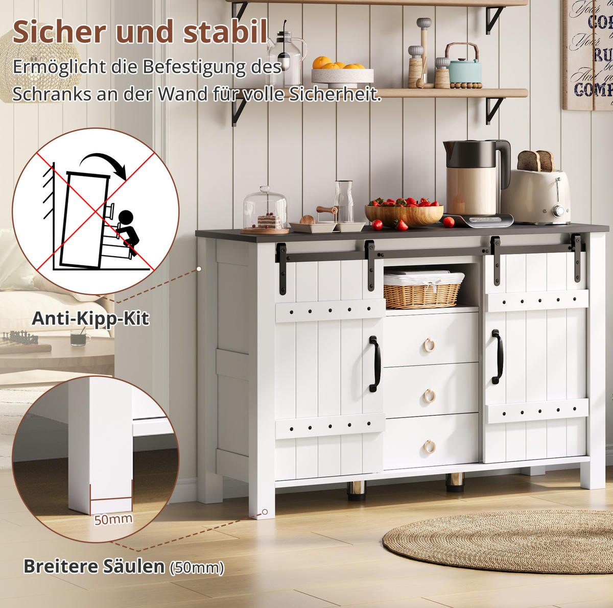 SIDEBOARD aus MDF 120x40x80 cm Weiß mit Schiebetüren und 3 Schubladen im Landhausstil - Weiß, Holzwerkstoff (120/80/40cm) - Modfu