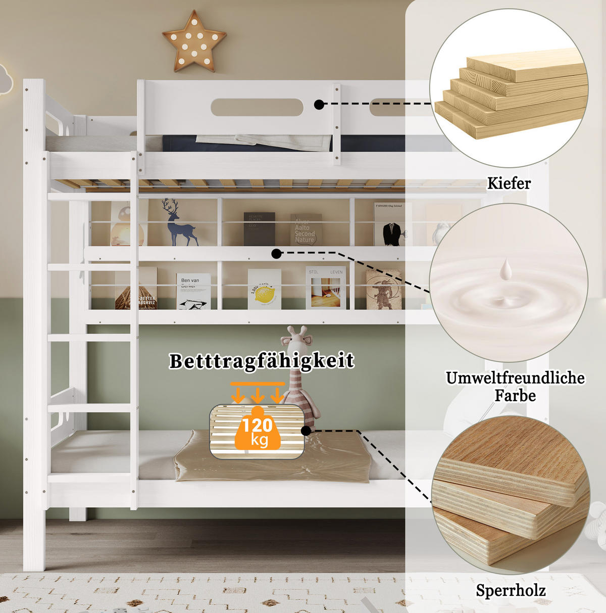 ETAGENBETT 90/200 cm in Weiß/Natur mit Regal und 5-stufiger Leiter - Weiß, Holz (90/200cm) - OKMYHOME