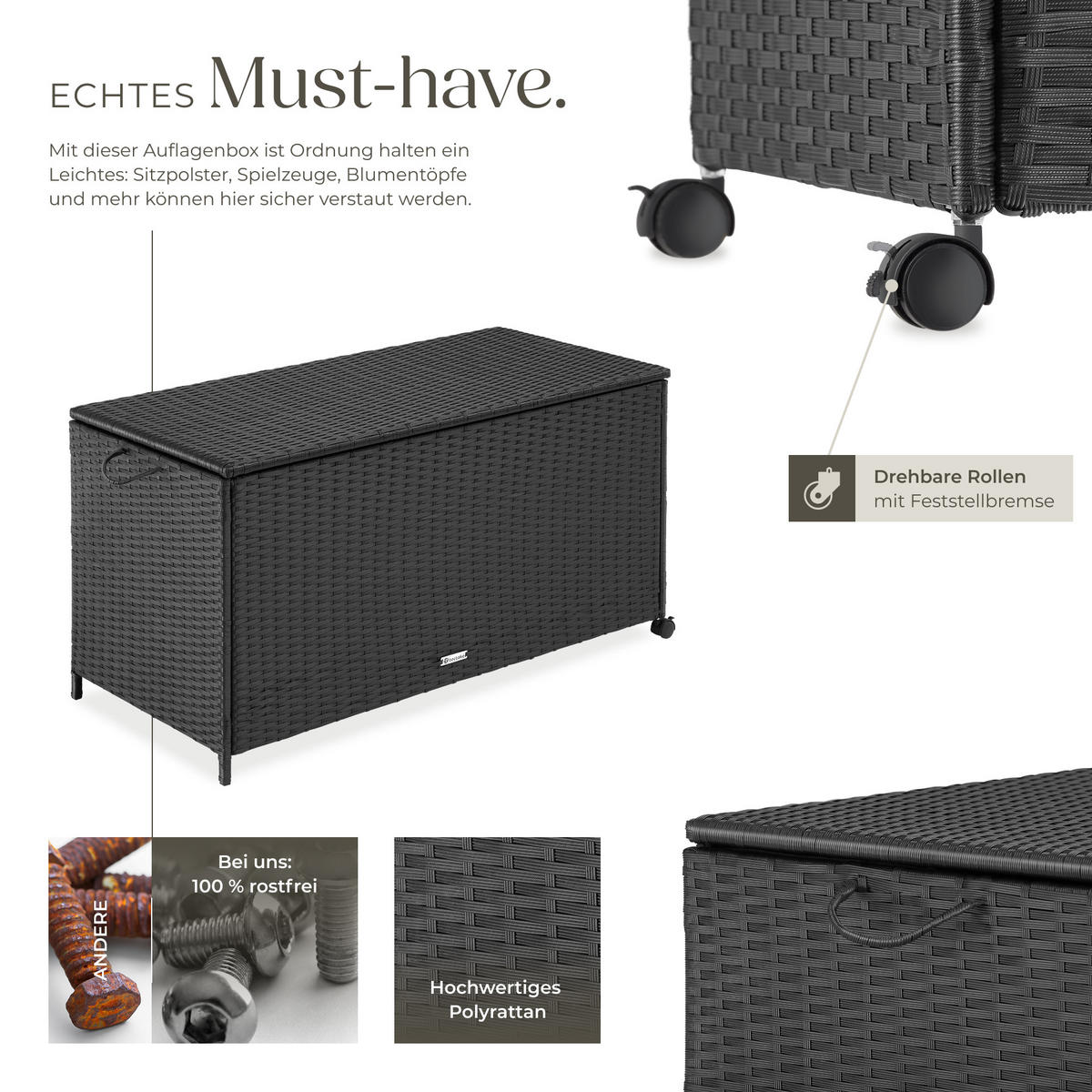 AUFLAGENBOX Kuusamo,117 x 54 x 64 cm,schwarz - Schwarz, Kunststoff (54.5/63/117cm) - tectake