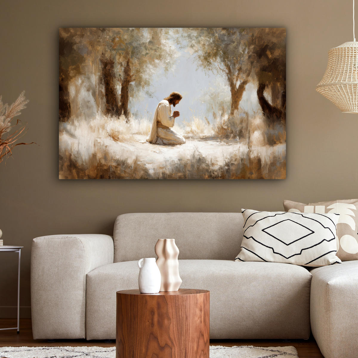 LEINWANDBILD Jesus - Kniend - Waldlandschaft - Betend Wohnzimmer Groß 120x80 cm - Beige/Hellblau, Textil (120/80cm) - MuchoWow