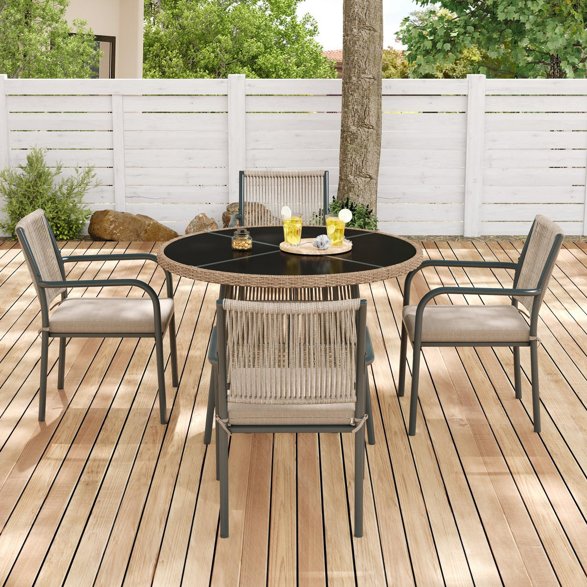 GARTENSET Rattan Tisch 4 Stühle Glas - Grau, Glas - LEBENLANG