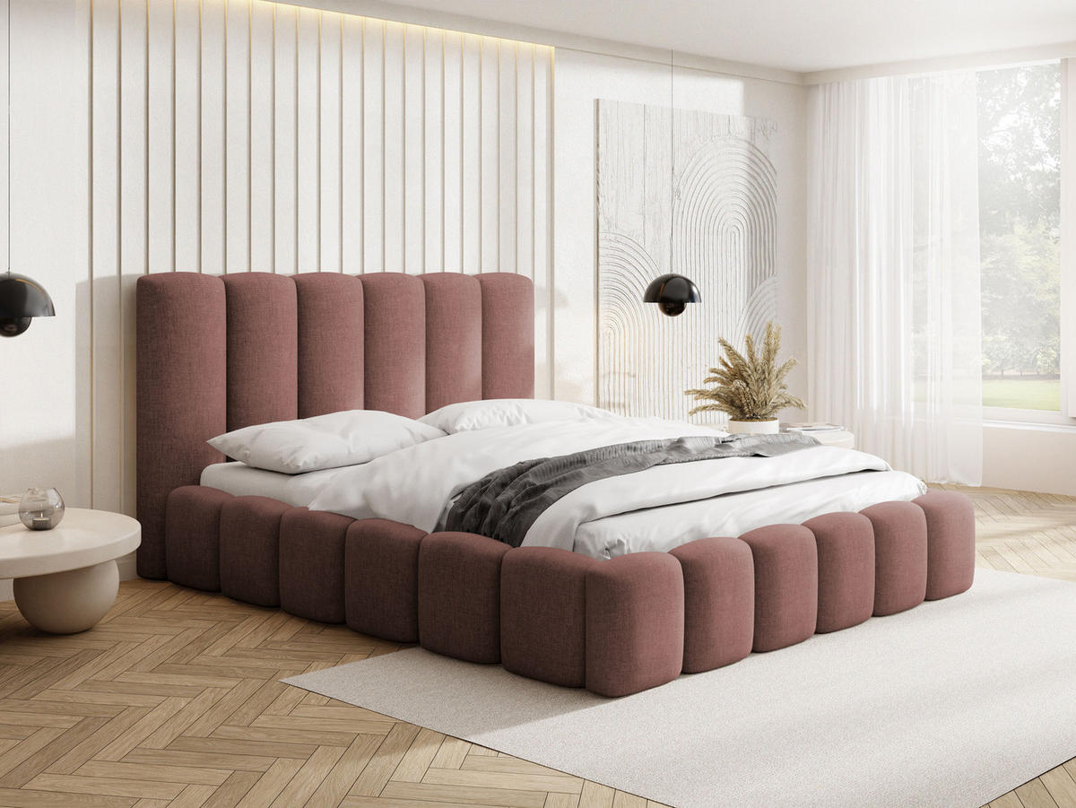 POLSTERBETT Serenity mit Bettkasten & Lattenrost in Altrosa Chenille 160 x 200 cm - Birkefarben/Schwarz, Holzwerkstoff/Kunststoff (160/200cm) - WFL GROUP
