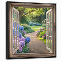 LEINWAND Bilder mit Rahmen - Aussicht - Garten - Fenster - Hortensie - Blumen - 50x50 - Pastellblau, Textil (50/50cm) - MuchoWow