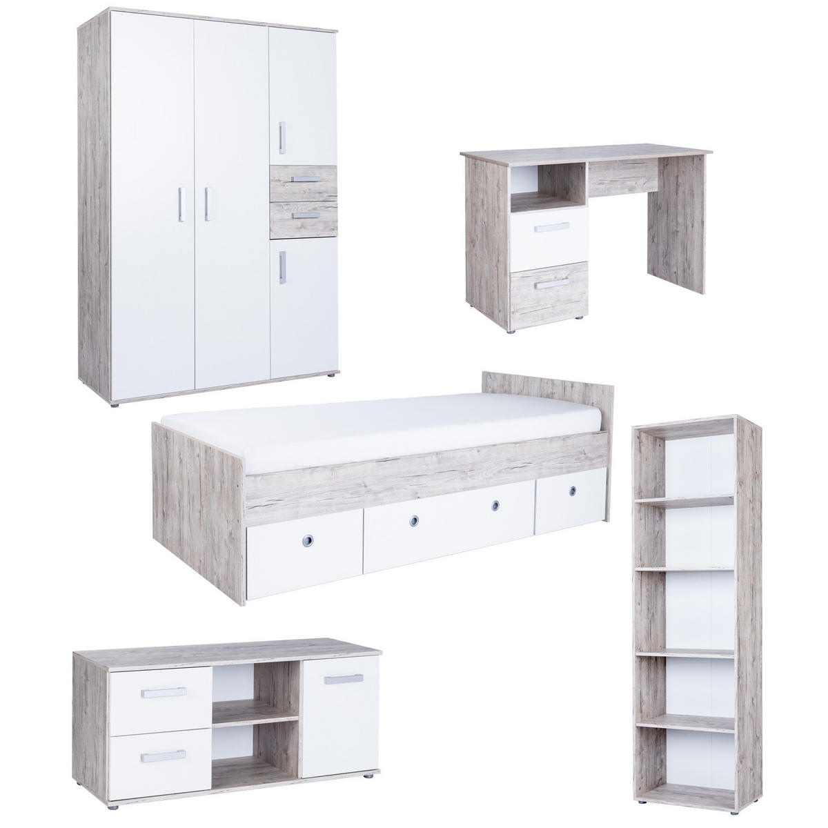 JUGENDZIMMER Mega-Set Bente 5-tlg. - Eichefarben/Silberfarben, Holzwerkstoff/Kunststoff (1/1/1cm) - arthur berndt