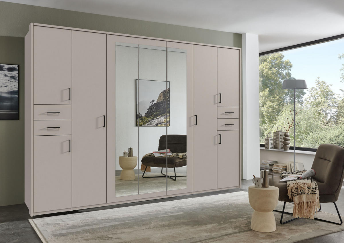 DREHTÜRENSCHRANK Kleiderschrank B313/H210/T58 cm mit Schubkästen & Passepartout & 3 Spiegeltüren, Beige Grau, Griffe schwarz / 22586 - Greige/Beige, Holzwerkstoff/Kunststoff (313/210/58cm) - luma-home
