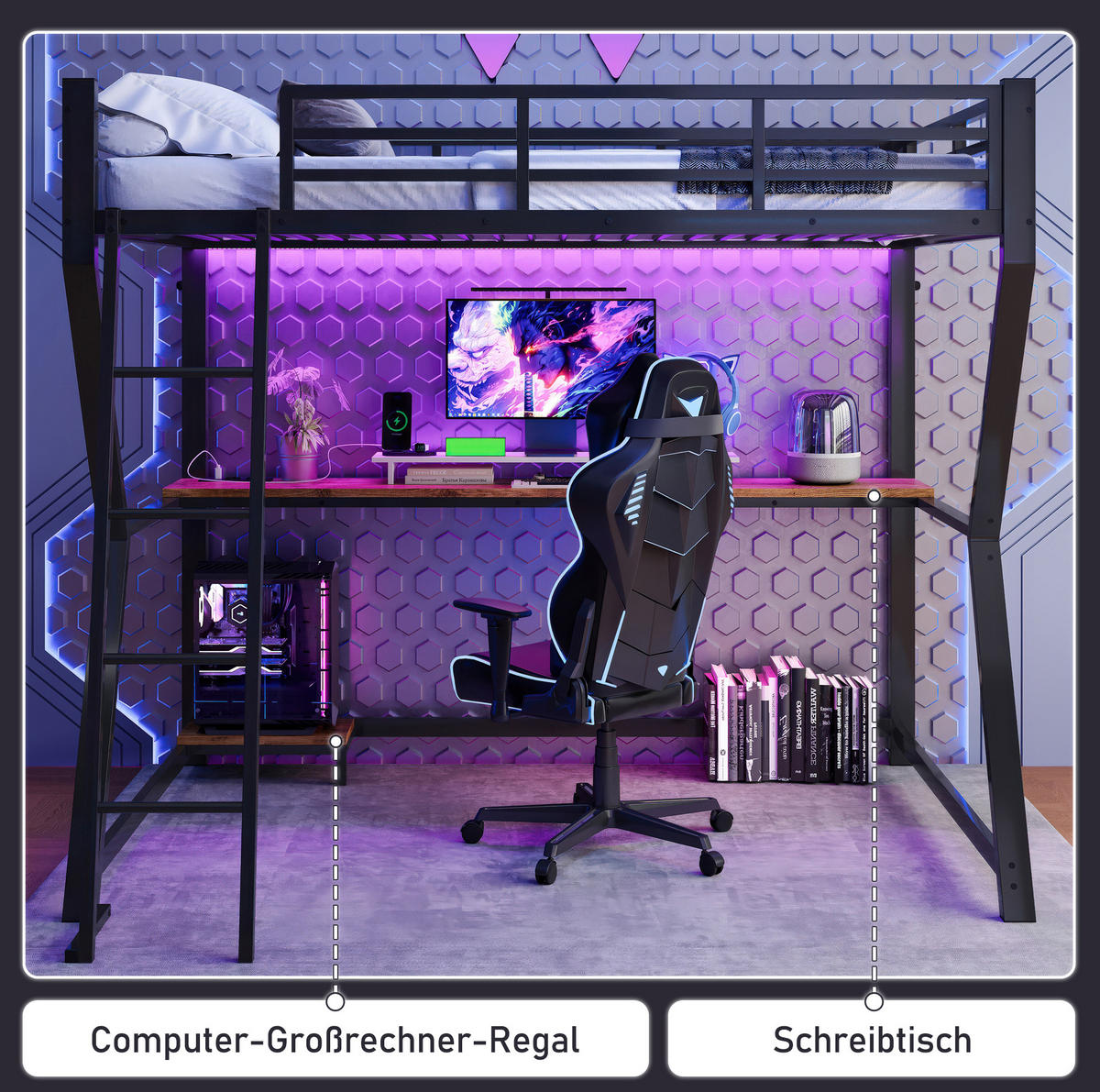 HOCHBETT 90/200 cm Schwarz aus Metall/MDF mit Schreibtisch - Schwarz, Metall (90/200cm) - OKMYHOME