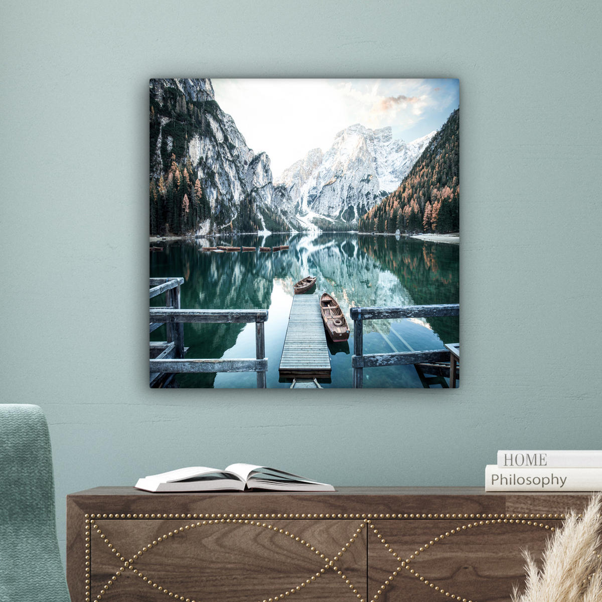 LEINWANDBILD Natur - Berge - Schnee - Wald - Boot 50x50 cm - Hellgrün, Textil (50/50cm) - MuchoWow