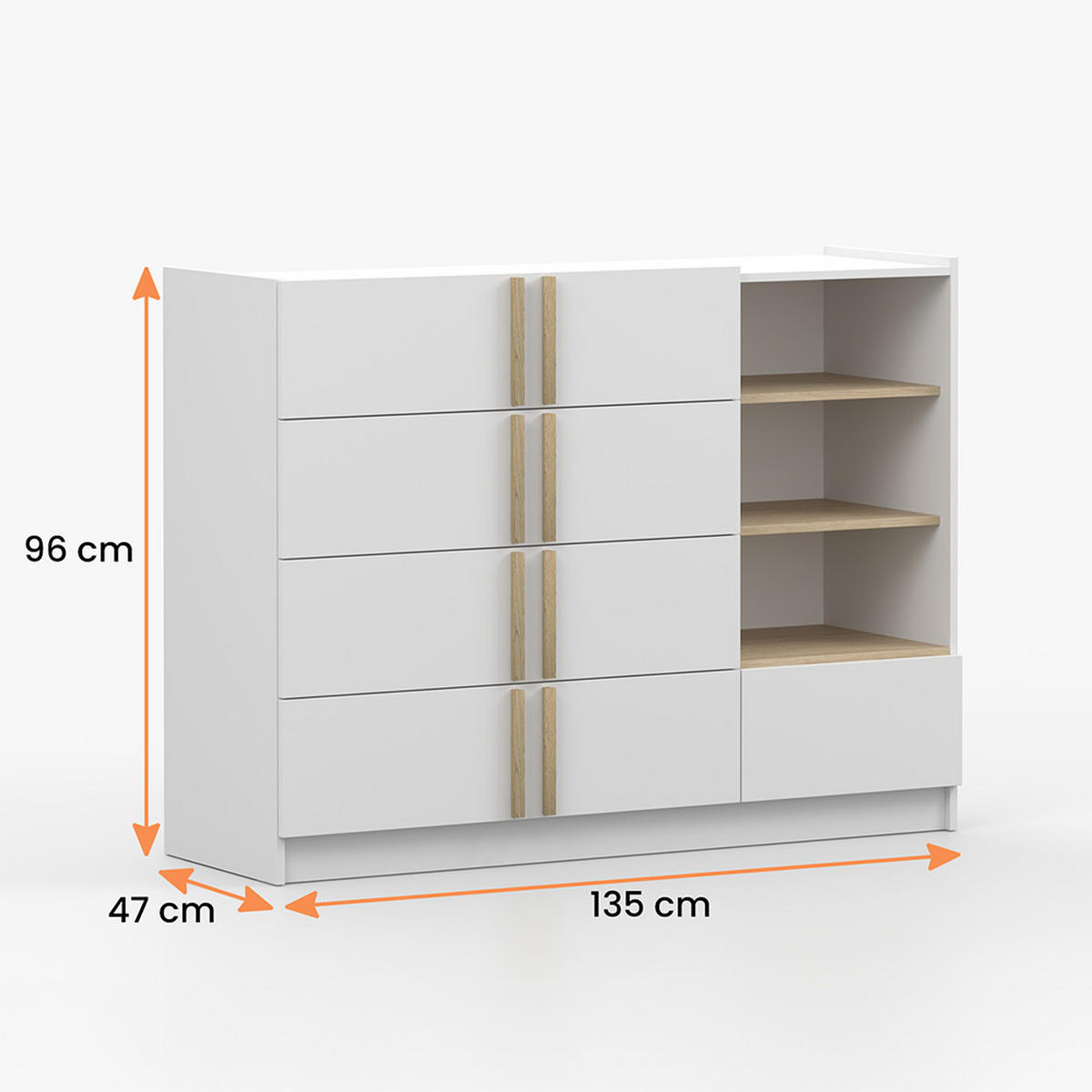 KOMMODE SEVILLA 5S 90 cm Weiß/Weiß, fünf Schubladen, Holzgriffe - Buchefarben/Weiß, Holzwerkstoff (135/96/47cm) - imoebel24