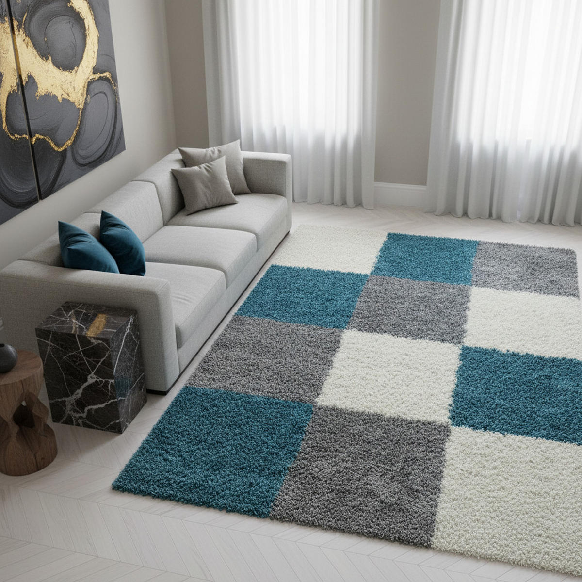 HOCHFLORTEPPICH Shaggy Kariert Kuschelig Waschbar Wohnzimmer Türkis 160x230 cm – RHEIN - Blau, Textil (160/230cm) - KADIMA DESIGN