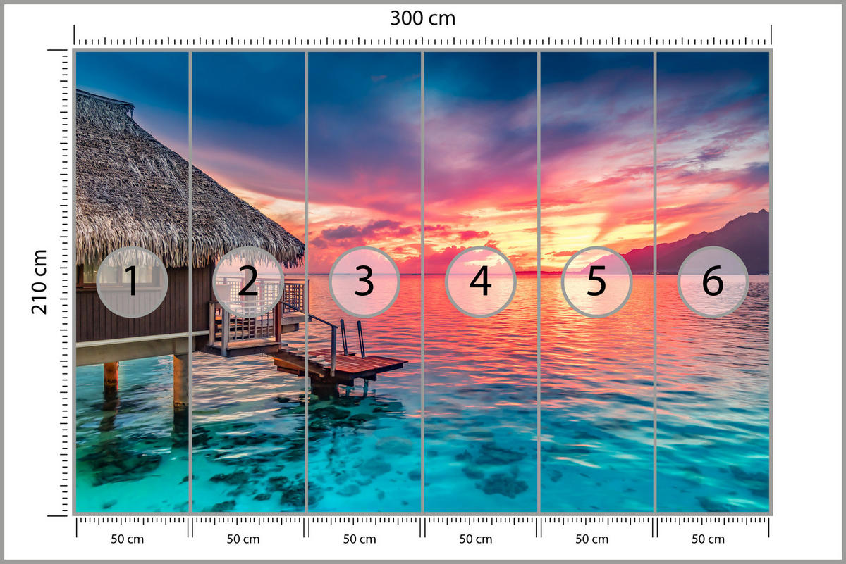 FOTOTAPETE für Wohnzimmer Sonnenuntergang Ozean Holzhütte 300x210 - Türkis/Blau, Papier (300/210cm) - Muralo