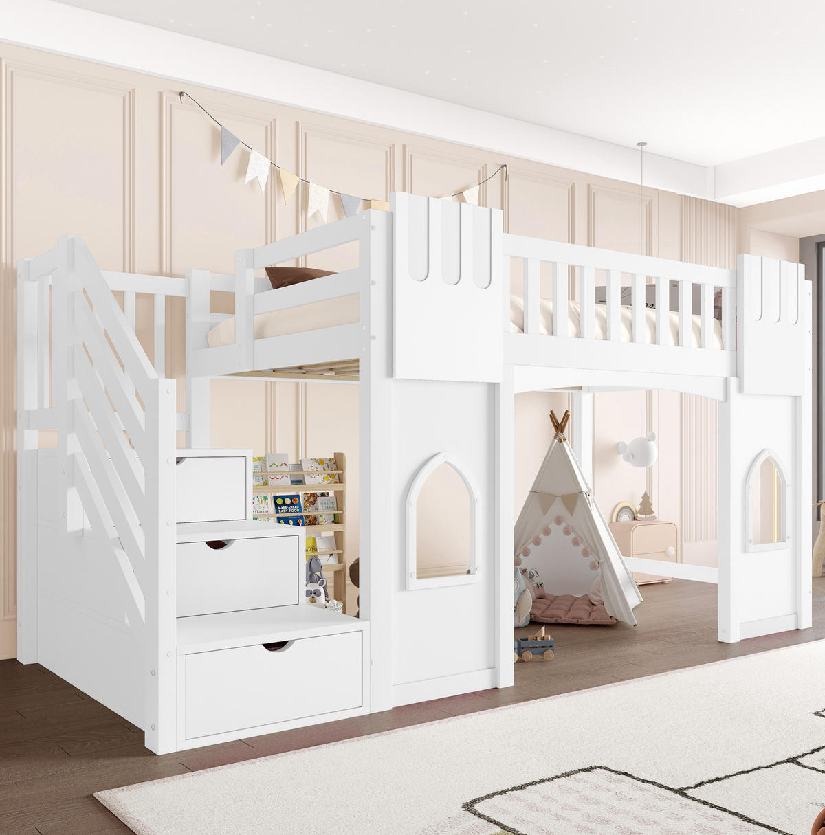 VYSOKÁ posteľ 90/200 cm biela z MDF a borovice s úložnými schodmi a oknami - biela, kompozitné drevo (90/200cm) - OKWISH