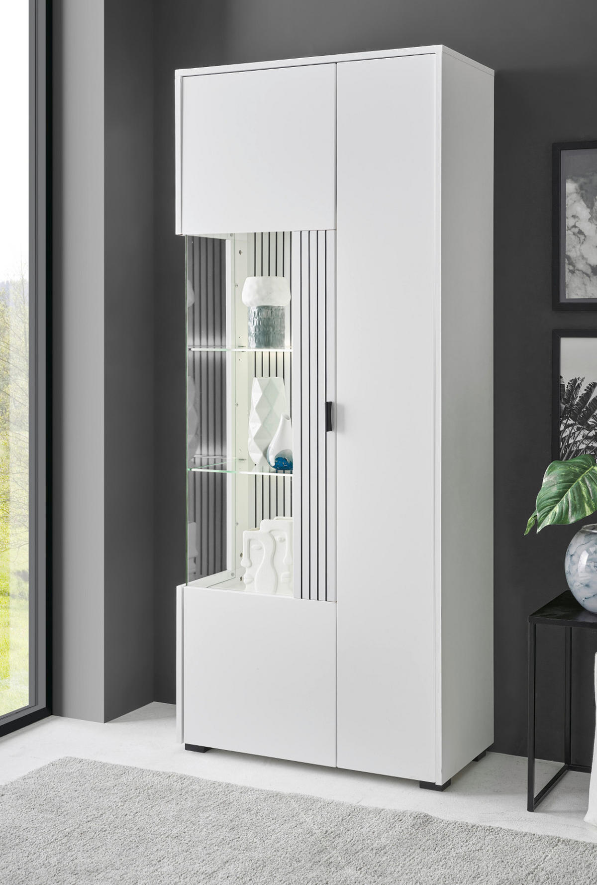 VITRINE weiß matt, Vitrinenschrank 75 x 180 cm mit Soft-Close-Funktion - Schwarz/Weiß, Glas/Holzwerkstoff (75/180/38cm) - Furn.Design
