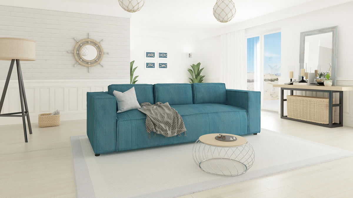 3-SITZER-SOFA Nova Türkis Cord - Türkis/Schwarz, Holz/Kunststoff (230/64/92cm) - S-Style Möbel