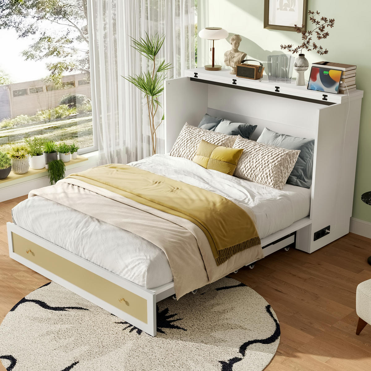 SCHRANKBETT 140x200cm Weiß Schubladen Regal USB Steckdose mobiles Bett - Weiß, Holz (140/200cm) - FLIEKS