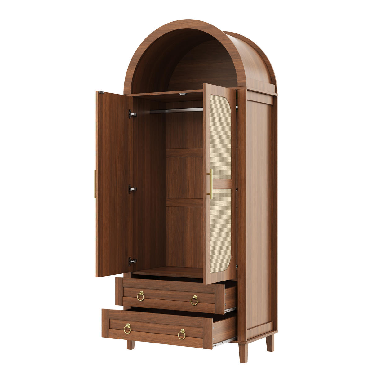 KLEIDERSCHRANK Nussbaum Bogenförmig mit Rattan, 2 Türen, LED & 2 Schubladen - Walnussfarben, Holzwerkstoff (76/184/50cm) - Urban Meuble