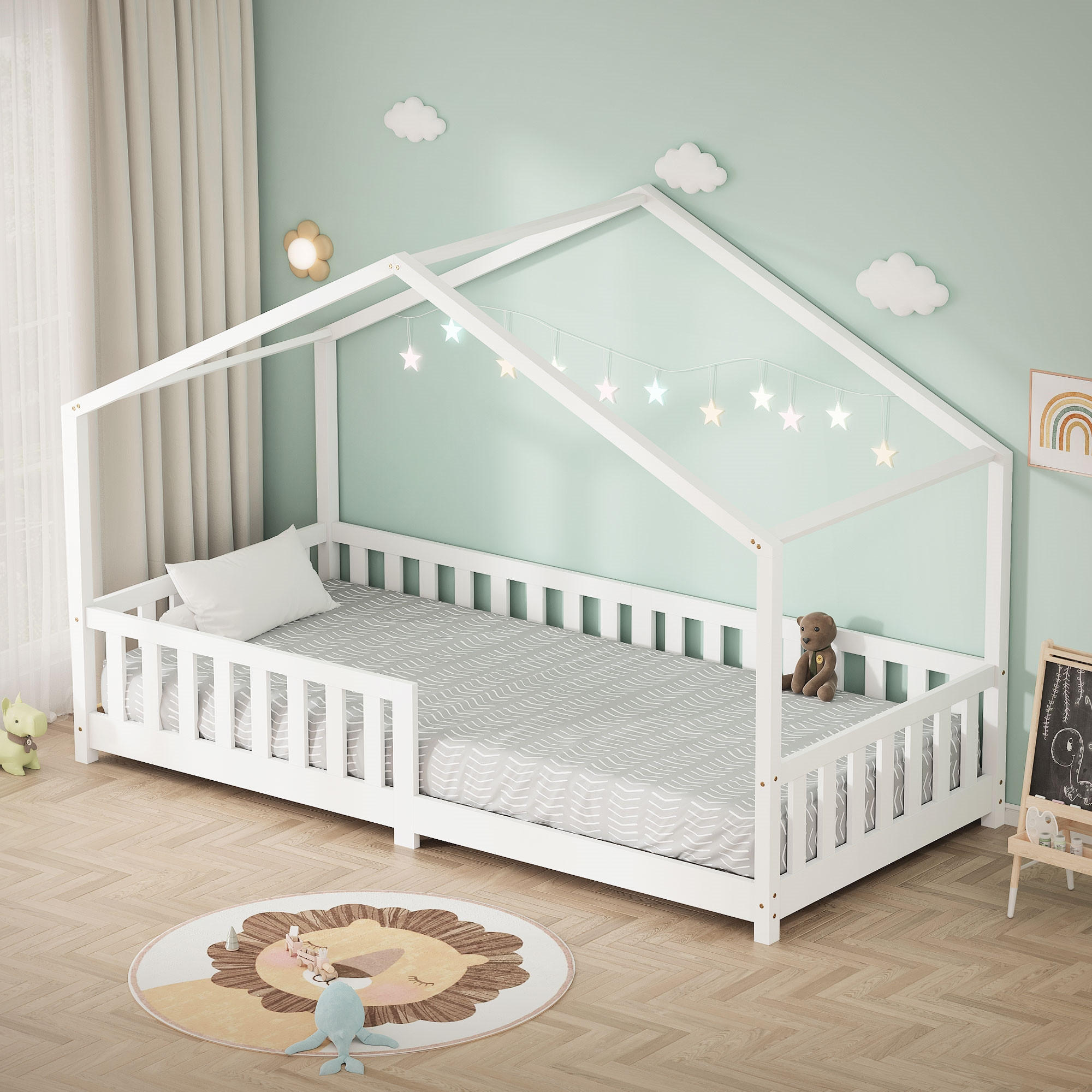 HAUSBETT 90x200 cm Weiß aus Kiefernholz mit Rausfallschutz - Weiß, Holz (90/200cm) - ML-DESIGN