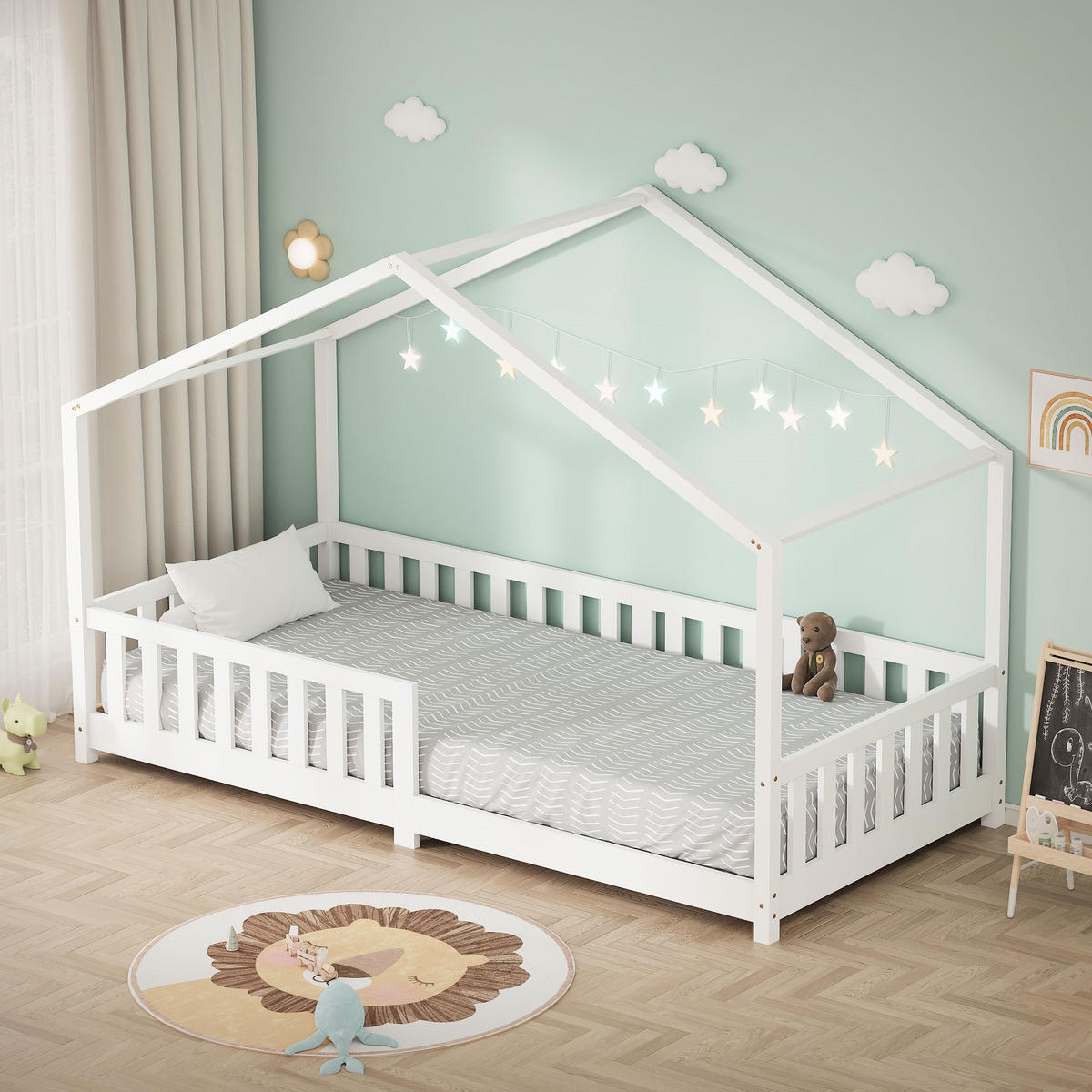 HAUSBETT 90x200 cm Weiß aus Kiefernholz mit Rausfallschutz - Weiß, Holz (90/200cm) - ML-DESIGN