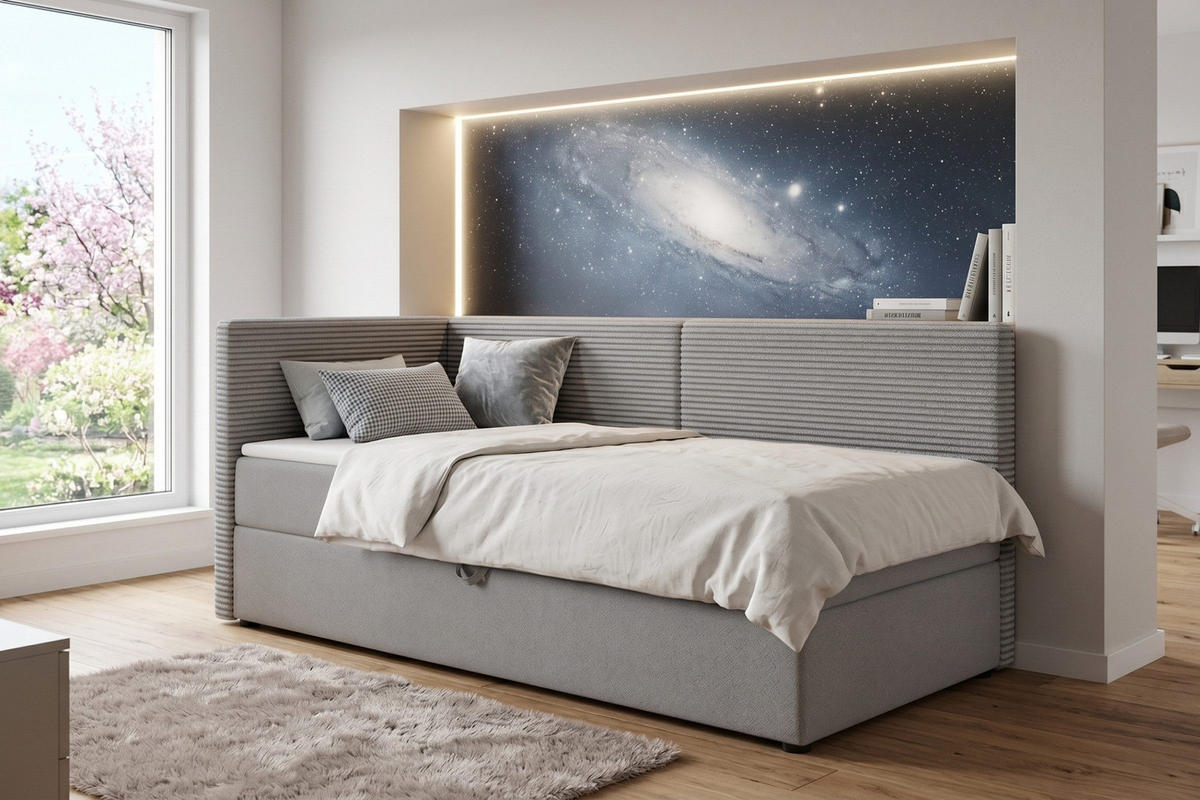 BOXBETT MILA 100/200 in Cord/Velours Hellgrau H4 links - Hellgrau, Holz/Holzwerkstoff (100/200cm) - Deine Möbel 24