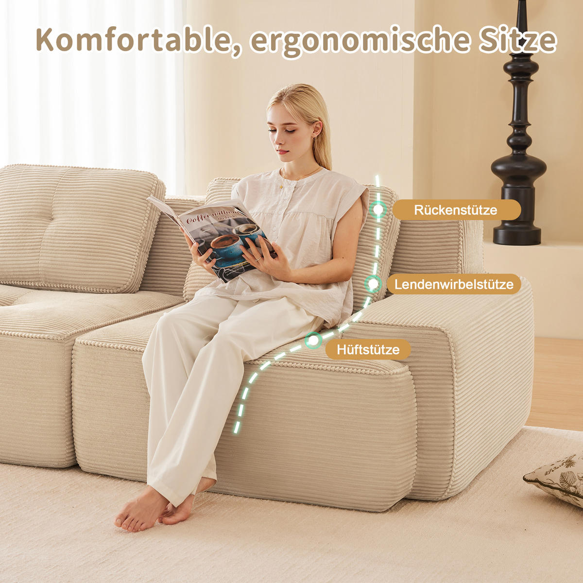 3-SITZER SOFA cord montagefrei & extratiefer sitz - Beige, Textil (293/69/104cm) - Urban Meuble