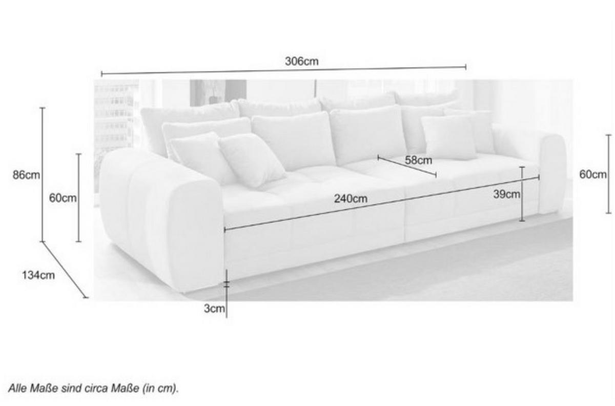 BIG-SOFA Federkern B306/T134/H86 cm, Liegefläche 120x240 cm, Korpus Kunstleder Weiß+Bezug Web-Strukturstoff Grau Beige / 15113 - Chromfarben/Graubraun, Textil/Metall (306/86/134cm) - luma-home