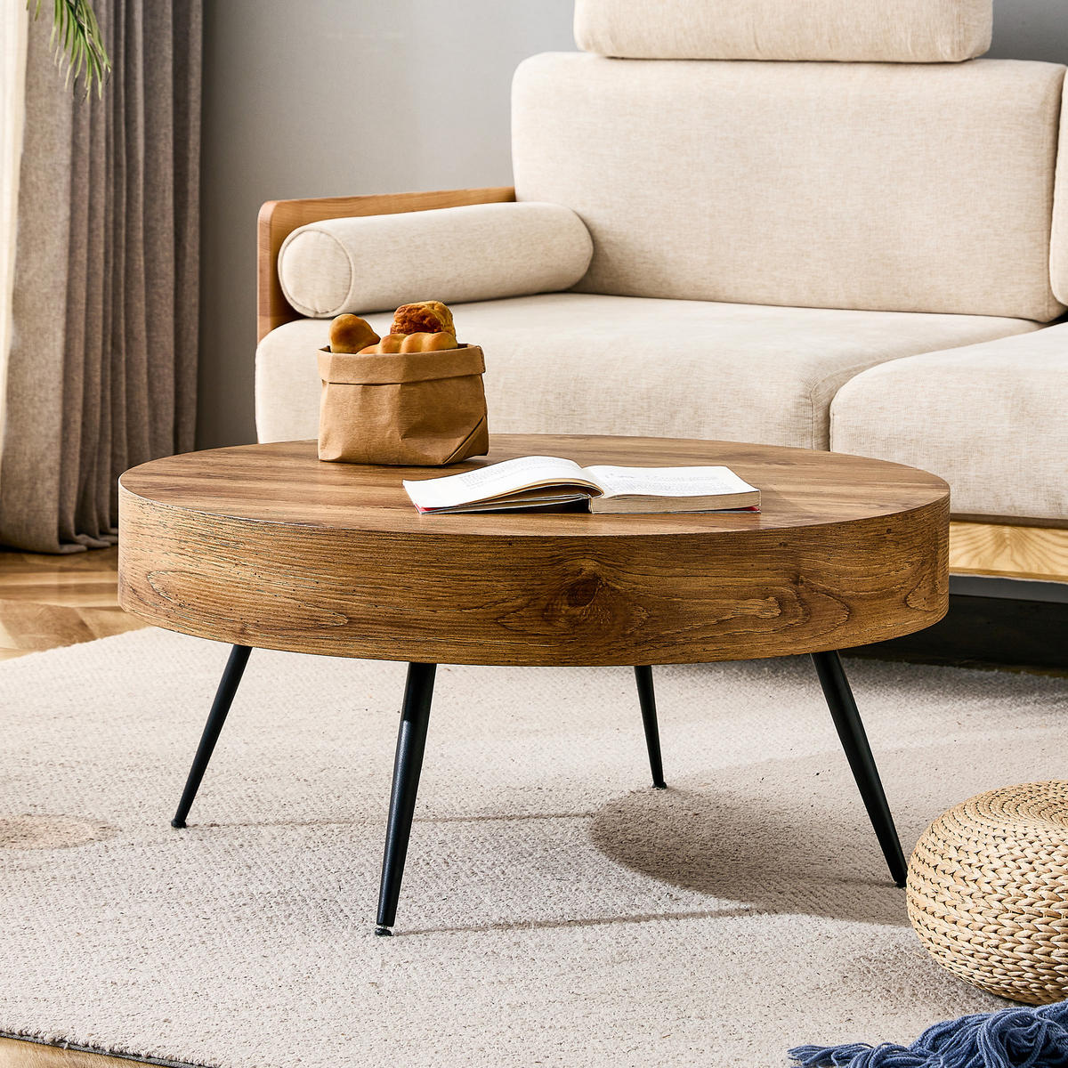 COUCHTISCH in Schwarz und Naturfarbe Wohnzimmertisch mit Holzoptik für Wohnzimmer, B70/T70/H35.5 cm - Schwarz/Naturfarben, Holzwerkstoff/Metall (70/70/35.5cm) - STILVORA