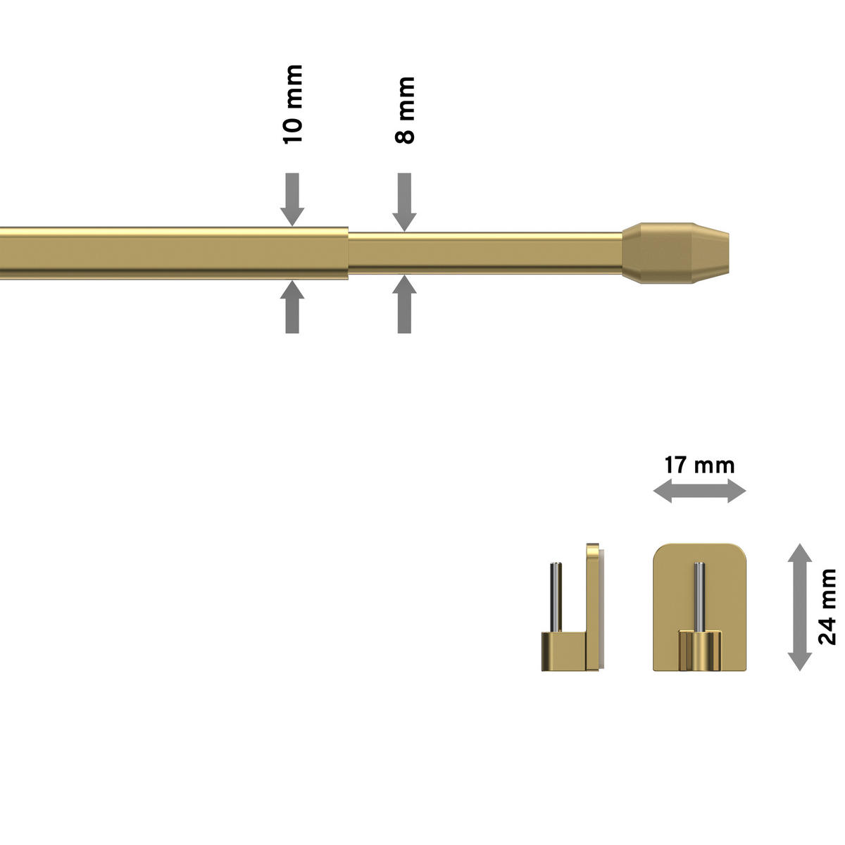 SCHEIBENSTANGEN / VITRAGESTANGEN MIT KLEBEHAKEN Geno 50-80 cm, oval, Messing-farbig, Packung 2 Stück - Messingfarben, Kunststoff/Metall (1.2/2.4/80cm) - INTERDECO