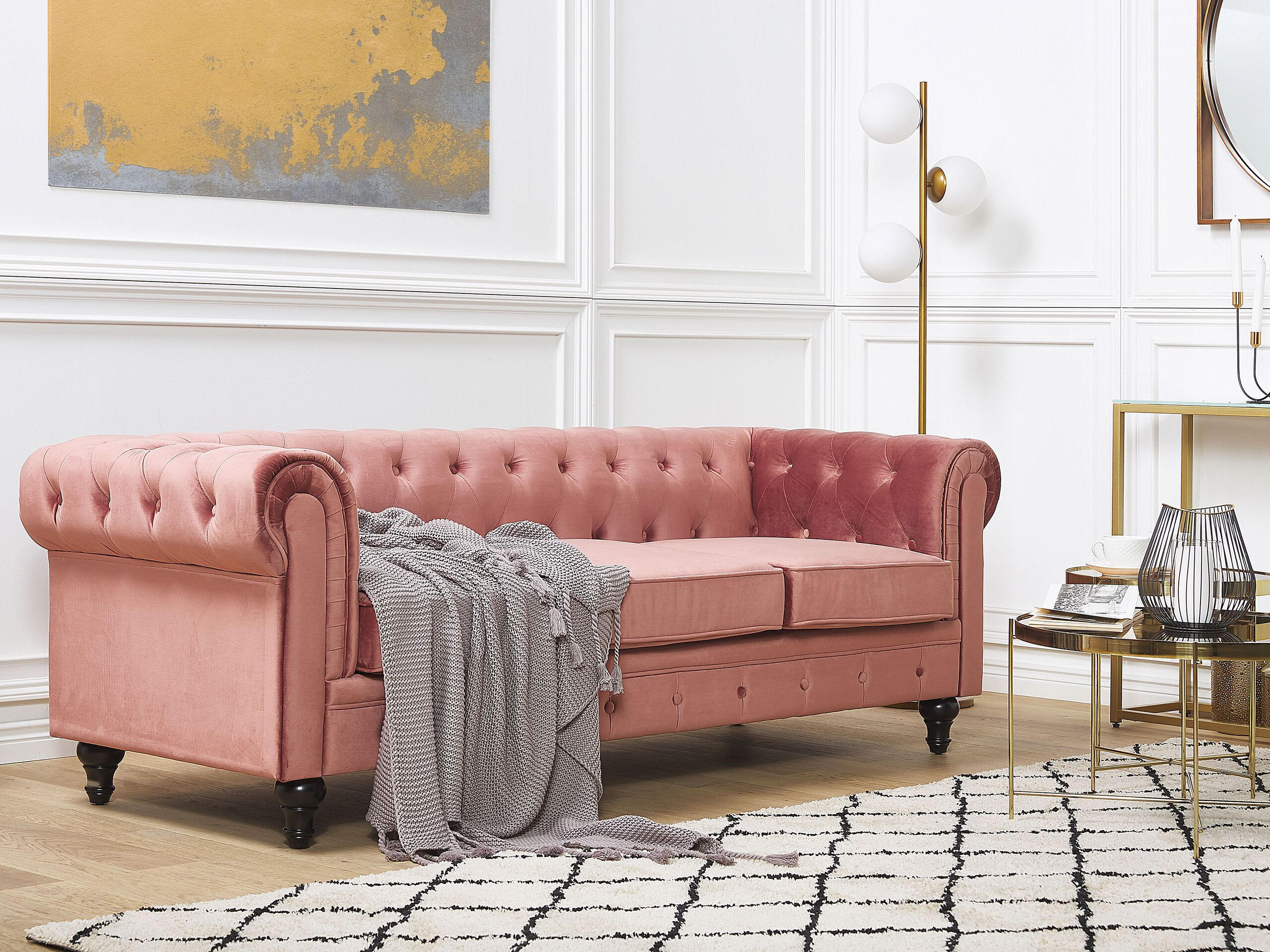 3-SITZER-SOFA Samtstoff Rosa Chesterfield - Pink, Textil (202/70/75cm) - Beliani