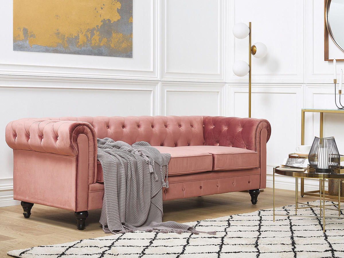 3-SITZER-SOFA Samtstoff Rosa Chesterfield - Pink, Textil (202/70/75cm) - Beliani
